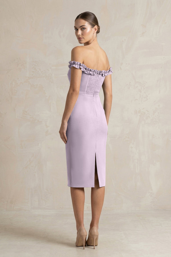 Off - the - Shoulder Sheath Ruffled Midi Bridesmaid Dress in Lavender Grey - KISS BRIDAL Bridesmaid Dresses