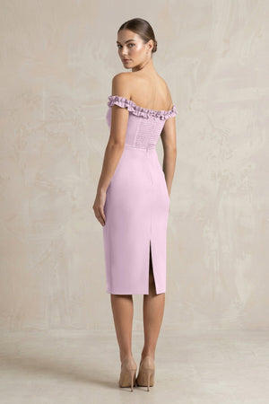 Off - the - Shoulder Sheath Ruffled Midi Bridesmaid Dress in Lilac - KISS BRIDAL Bridesmaid Dresses