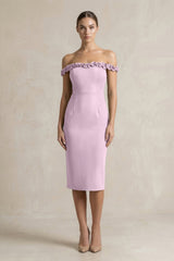 Off - the - Shoulder Sheath Ruffled Midi Bridesmaid Dress in Lilac - KISS BRIDAL Bridesmaid Dresses