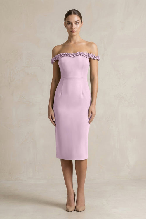 Off - the - Shoulder Sheath Ruffled Midi Bridesmaid Dress in Lilac - KISS BRIDAL Bridesmaid Dresses