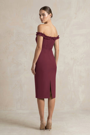 Off - the - Shoulder Sheath Ruffled Midi Bridesmaid Dress in Magenta - KISS BRIDAL Bridesmaid Dresses