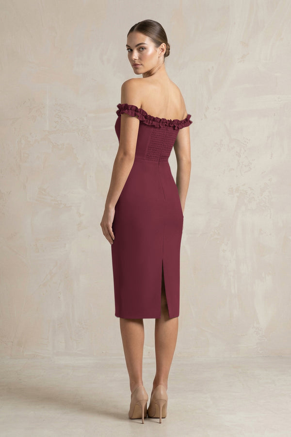 Off - the - Shoulder Sheath Ruffled Midi Bridesmaid Dress in Magenta - KISS BRIDAL Bridesmaid Dresses