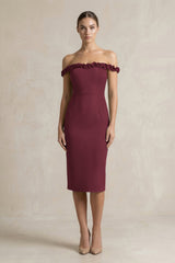 Off - the - Shoulder Sheath Ruffled Midi Bridesmaid Dress in Magenta - KISS BRIDAL Bridesmaid Dresses