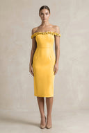 Off - the - Shoulder Sheath Ruffled Midi Bridesmaid Dress in Marigold - KISS BRIDAL Bridesmaid Dresses