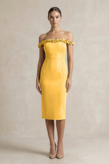 Off - the - Shoulder Sheath Ruffled Midi Bridesmaid Dress in Marigold - KISS BRIDAL Bridesmaid Dresses