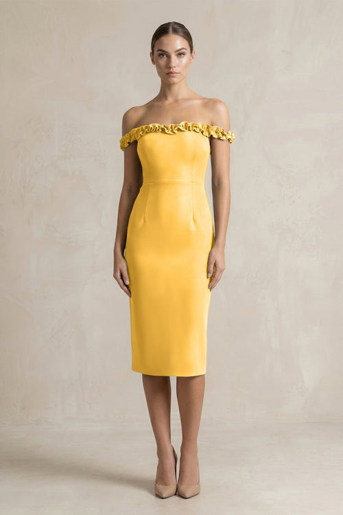 Off - the - Shoulder Sheath Ruffled Midi Bridesmaid Dress in Marigold - KISS BRIDAL Bridesmaid Dresses