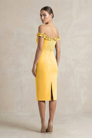 Off - the - Shoulder Sheath Ruffled Midi Bridesmaid Dress in Marigold - KISS BRIDAL Bridesmaid Dresses