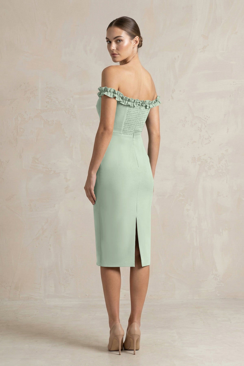 Off - the - Shoulder Sheath Ruffled Midi Bridesmaid Dress in Matcha - KISS BRIDAL Bridesmaid Dresses