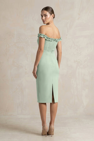 Off - the - Shoulder Sheath Ruffled Midi Bridesmaid Dress in Matcha - KISS BRIDAL Bridesmaid Dresses