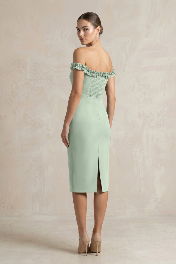 Off - the - Shoulder Sheath Ruffled Midi Bridesmaid Dress in Matcha - KISS BRIDAL Bridesmaid Dresses