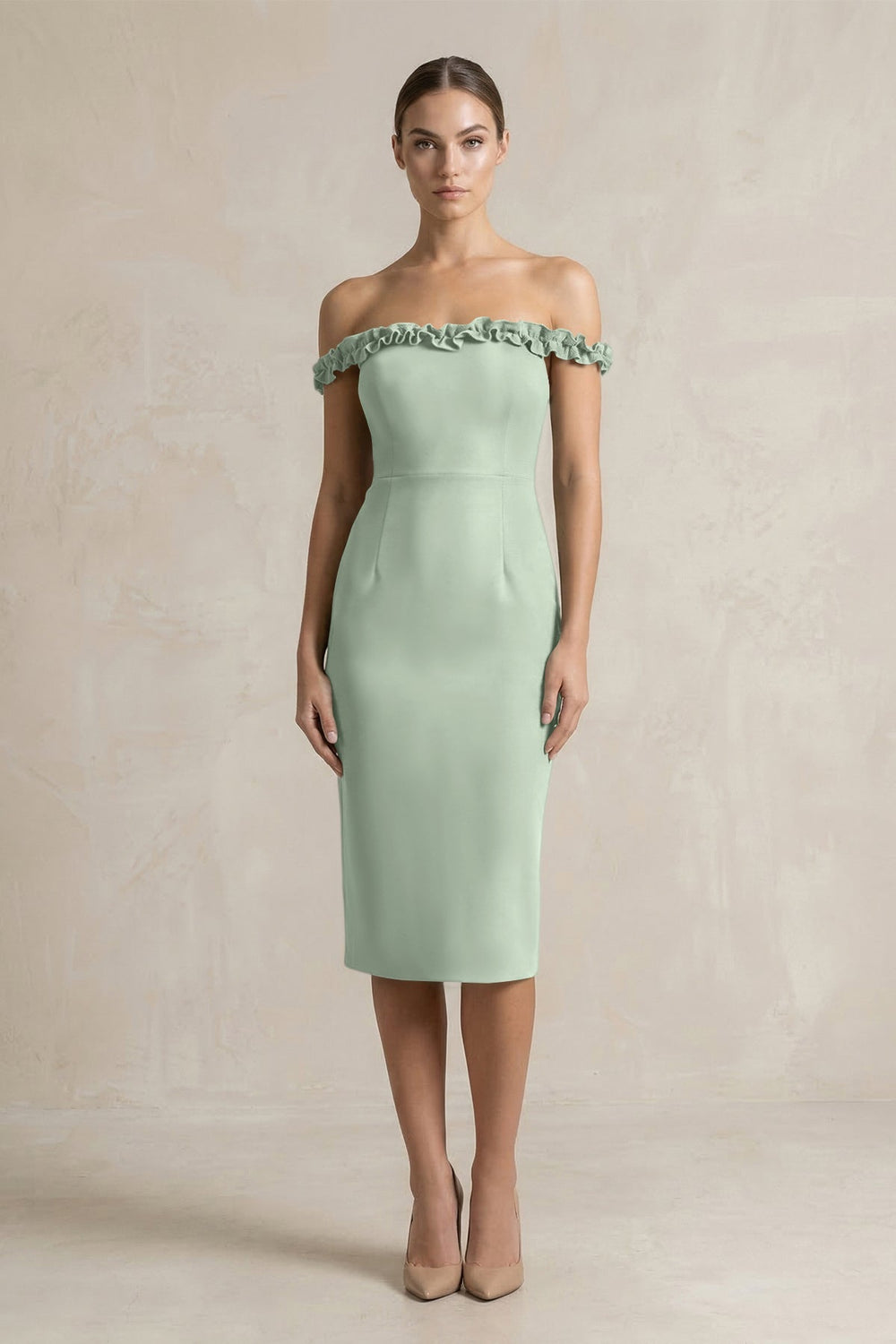 Off - the - Shoulder Sheath Ruffled Midi Bridesmaid Dress in Matcha - KISS BRIDAL Bridesmaid Dresses