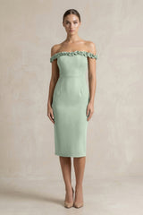 Off - the - Shoulder Sheath Ruffled Midi Bridesmaid Dress in Matcha - KISS BRIDAL Bridesmaid Dresses