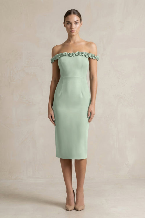 Off - the - Shoulder Sheath Ruffled Midi Bridesmaid Dress in Matcha - KISS BRIDAL Bridesmaid Dresses