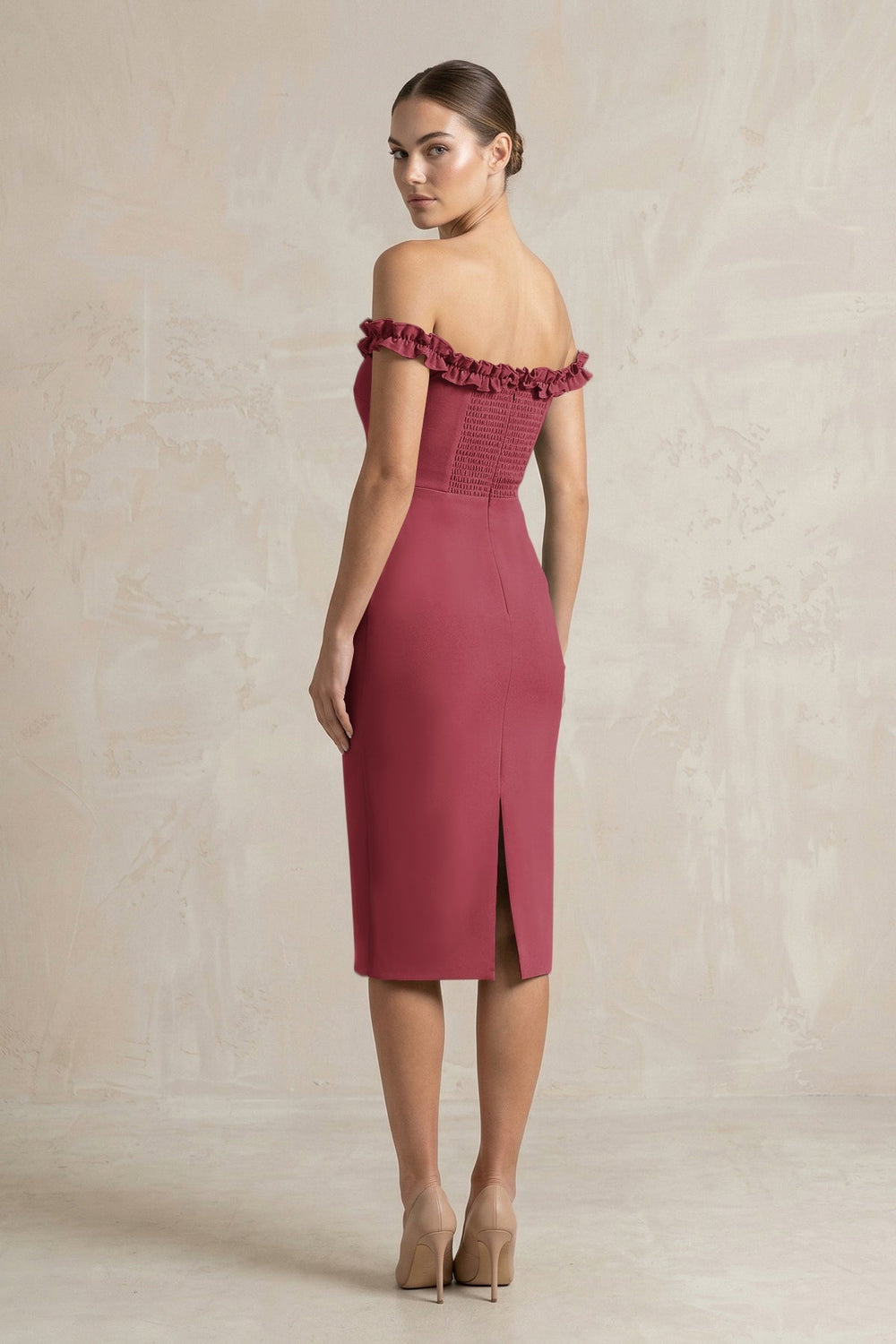 Off - the - Shoulder Sheath Ruffled Midi Bridesmaid Dress in Merlot - KISS BRIDAL Bridesmaid Dresses