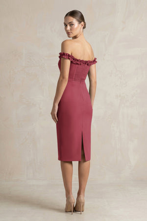 Off - the - Shoulder Sheath Ruffled Midi Bridesmaid Dress in Merlot - KISS BRIDAL Bridesmaid Dresses