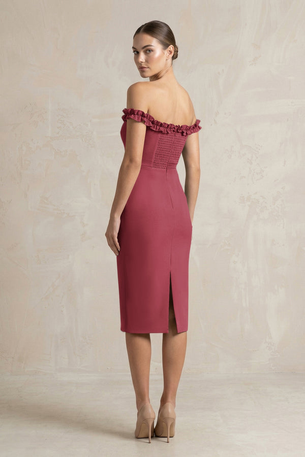 Off - the - Shoulder Sheath Ruffled Midi Bridesmaid Dress in Merlot - KISS BRIDAL Bridesmaid Dresses