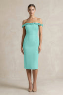 Off - the - Shoulder Sheath Ruffled Midi Bridesmaid Dress in Mint Green - KISS BRIDAL Bridesmaid Dresses