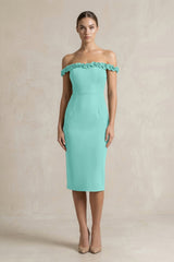 Off - the - Shoulder Sheath Ruffled Midi Bridesmaid Dress in Mint Green - KISS BRIDAL Bridesmaid Dresses