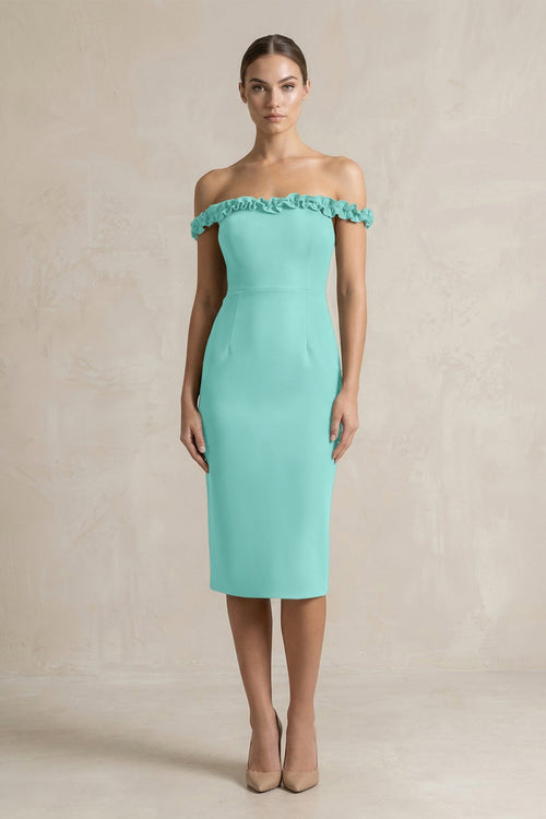 Off - the - Shoulder Sheath Ruffled Midi Bridesmaid Dress in Mint Green - KISS BRIDAL Bridesmaid Dresses
