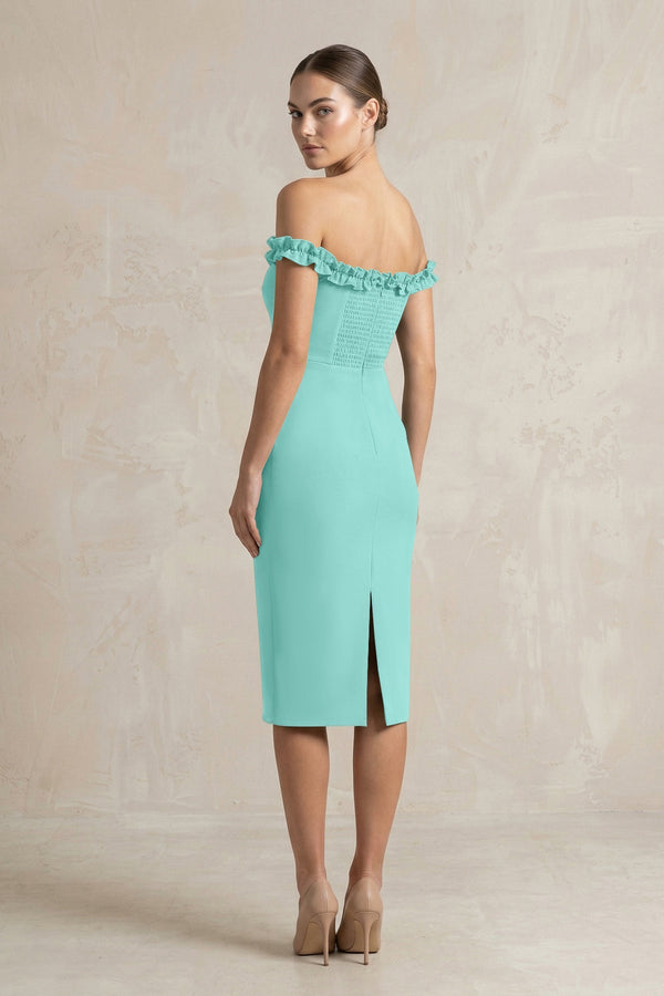 Off - the - Shoulder Sheath Ruffled Midi Bridesmaid Dress in Mint Green - KISS BRIDAL Bridesmaid Dresses