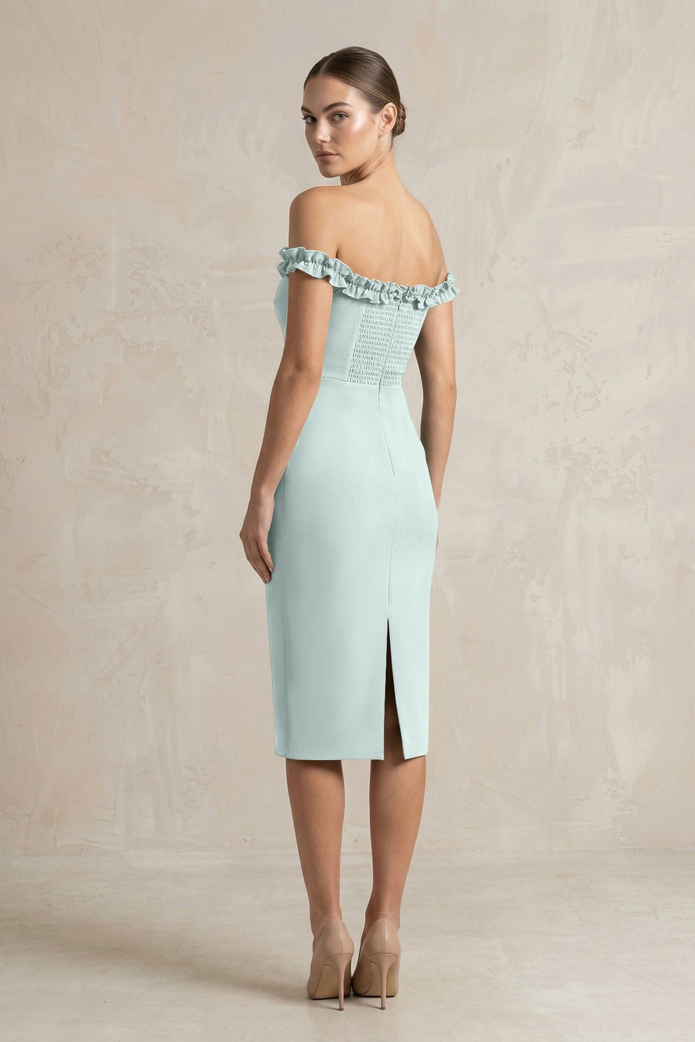 Off - the - Shoulder Sheath Ruffled Midi Bridesmaid Dress in Mist - KISS BRIDAL Bridesmaid Dresses