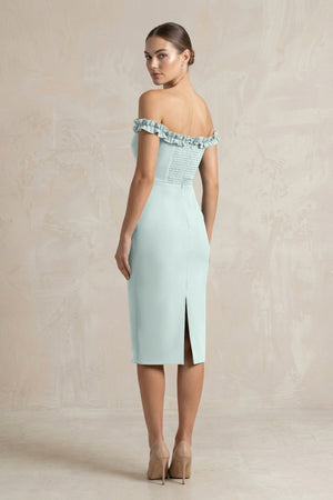 Off - the - Shoulder Sheath Ruffled Midi Bridesmaid Dress in Mist - KISS BRIDAL Bridesmaid Dresses