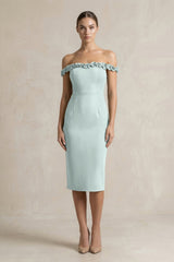 Off - the - Shoulder Sheath Ruffled Midi Bridesmaid Dress in Mist - KISS BRIDAL Bridesmaid Dresses
