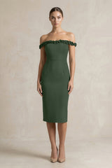 Off - the - Shoulder Sheath Ruffled Midi Bridesmaid Dress in Moss - KISS BRIDAL Bridesmaid Dresses