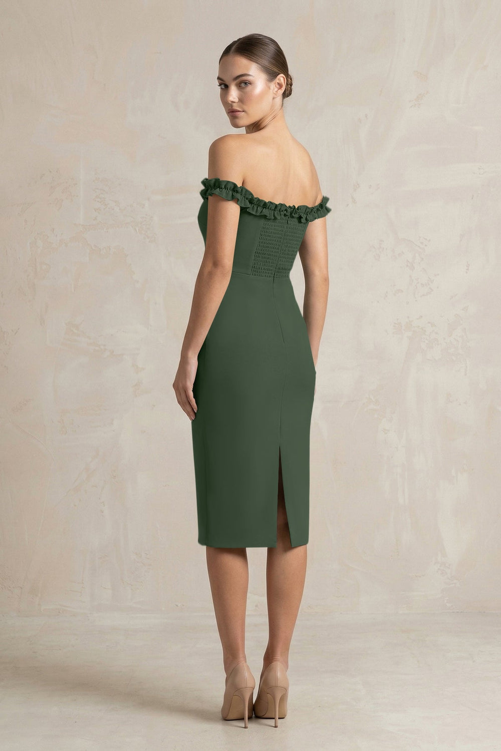 Off - the - Shoulder Sheath Ruffled Midi Bridesmaid Dress in Moss - KISS BRIDAL Bridesmaid Dresses