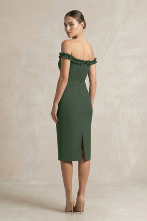 Off - the - Shoulder Sheath Ruffled Midi Bridesmaid Dress in Moss - KISS BRIDAL Bridesmaid Dresses