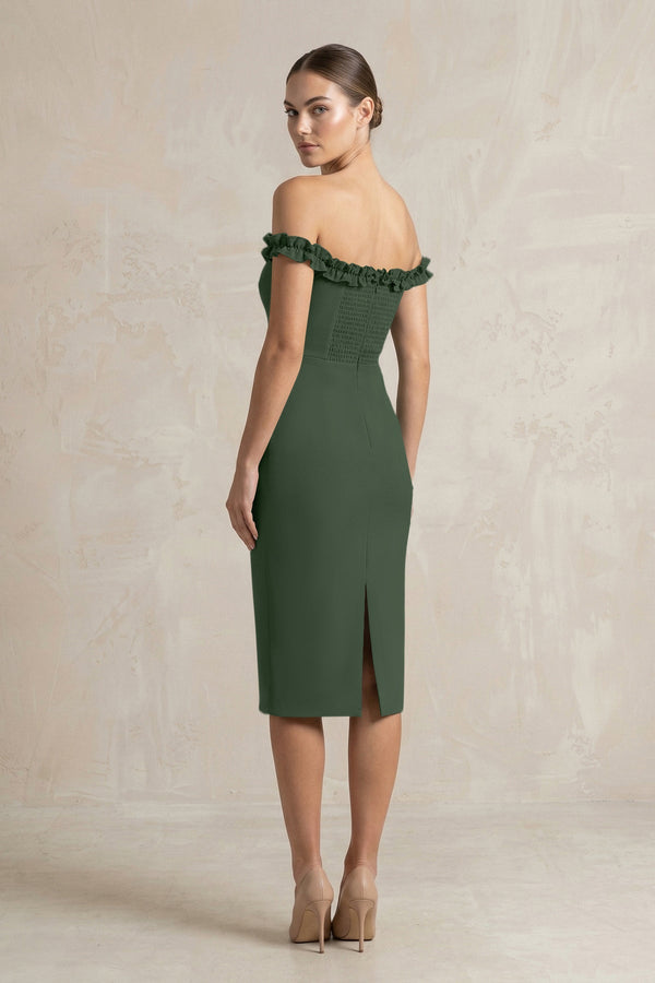 Off - the - Shoulder Sheath Ruffled Midi Bridesmaid Dress in Moss - KISS BRIDAL Bridesmaid Dresses