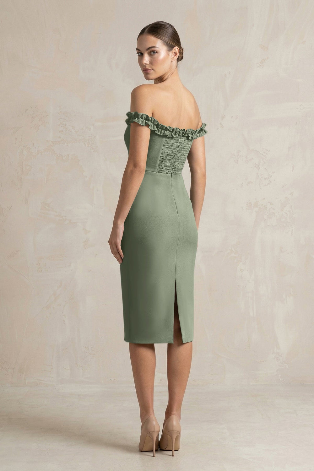 Off - the - Shoulder Sheath Ruffled Midi Bridesmaid Dress in Moss Green - KISS BRIDAL Bridesmaid Dresses