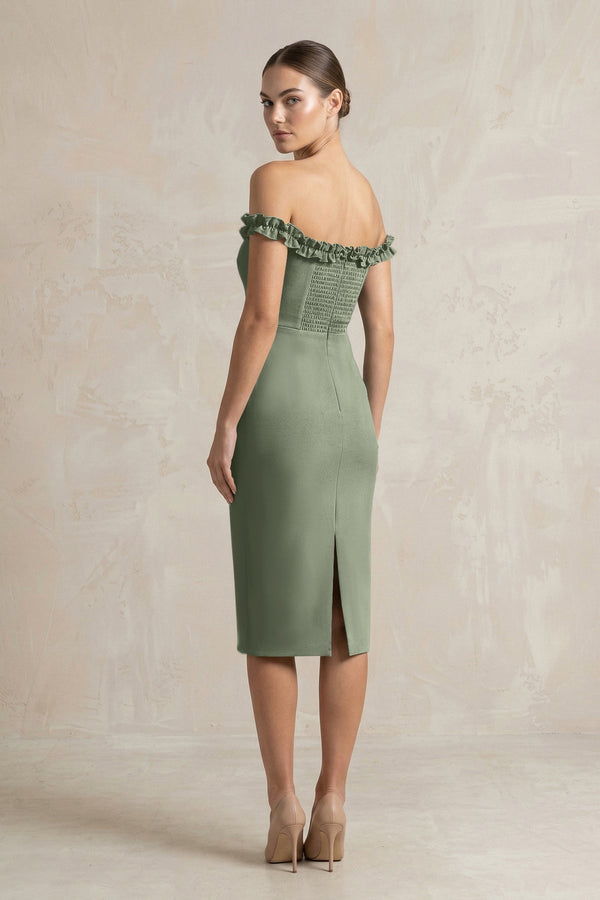 Off - the - Shoulder Sheath Ruffled Midi Bridesmaid Dress in Moss Green - KISS BRIDAL Bridesmaid Dresses
