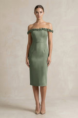 Off - the - Shoulder Sheath Ruffled Midi Bridesmaid Dress in Moss Green - KISS BRIDAL Bridesmaid Dresses
