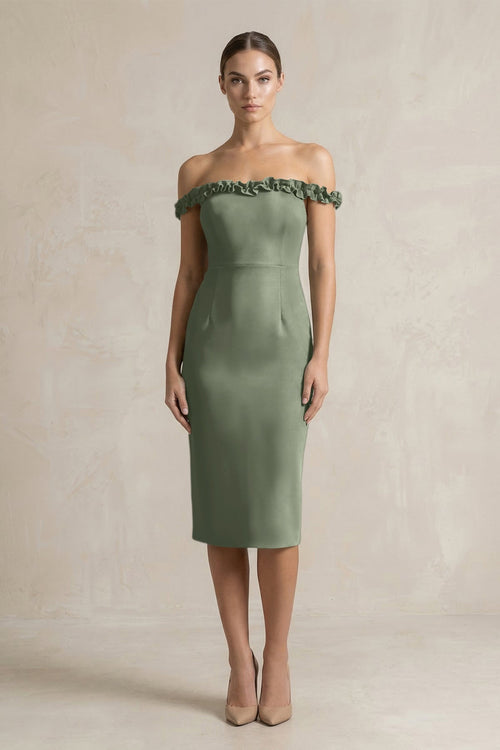 Off - the - Shoulder Sheath Ruffled Midi Bridesmaid Dress in Moss Green - KISS BRIDAL Bridesmaid Dresses