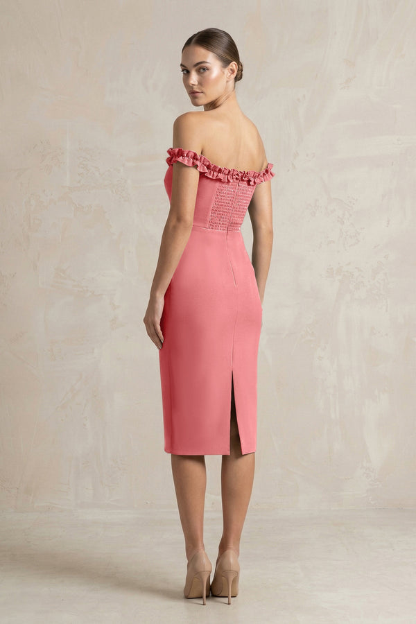 Off - the - Shoulder Sheath Ruffled Midi Bridesmaid Dress in Mulberry - KISS BRIDAL Bridesmaid Dresses