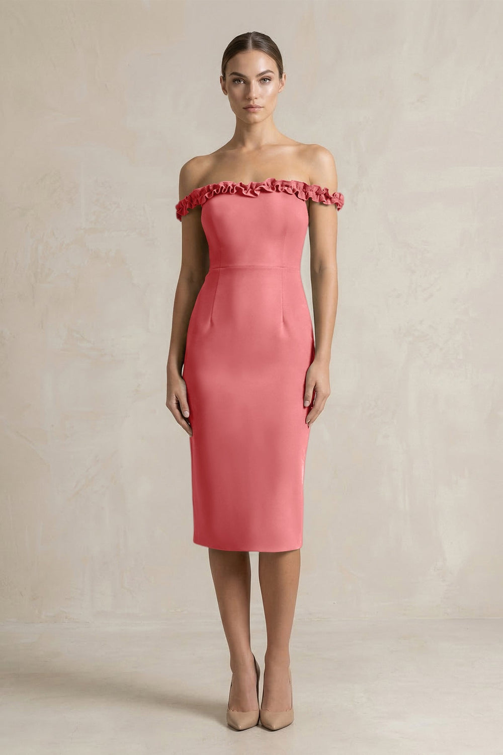 Off - the - Shoulder Sheath Ruffled Midi Bridesmaid Dress in Mulberry - KISS BRIDAL Bridesmaid Dresses