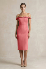 Off - the - Shoulder Sheath Ruffled Midi Bridesmaid Dress in Mulberry - KISS BRIDAL Bridesmaid Dresses