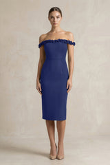 Off - the - Shoulder Sheath Ruffled Midi Bridesmaid Dress in Navy - KISS BRIDAL Bridesmaid Dresses