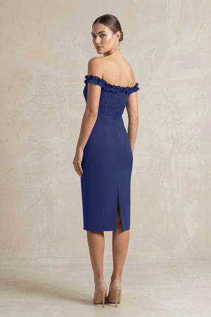 Off - the - Shoulder Sheath Ruffled Midi Bridesmaid Dress in Navy - KISS BRIDAL Bridesmaid Dresses