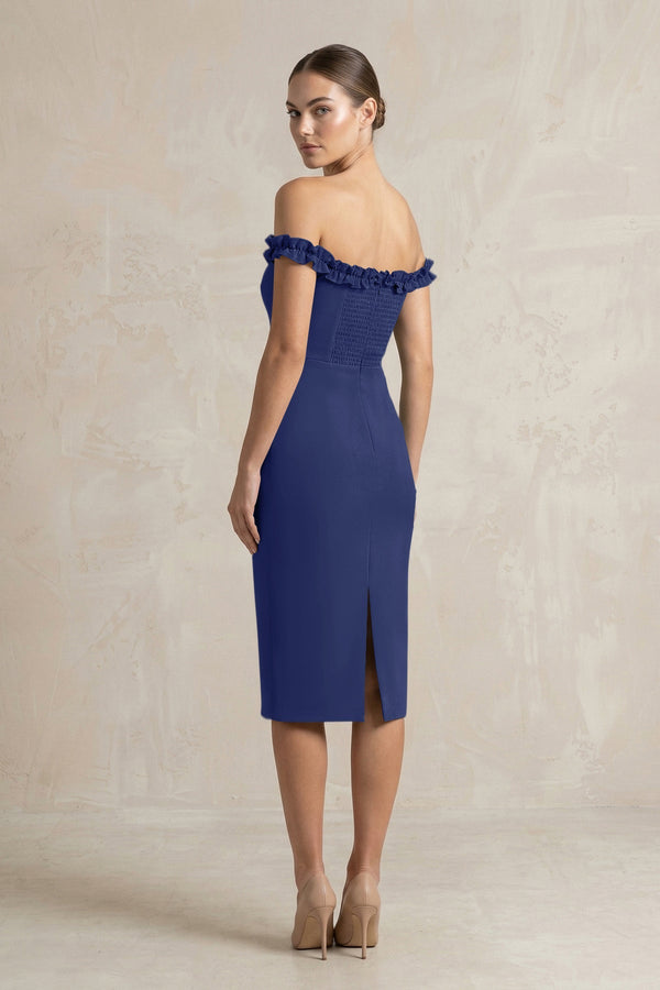 Off - the - Shoulder Sheath Ruffled Midi Bridesmaid Dress in Navy - KISS BRIDAL Bridesmaid Dresses