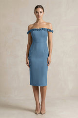 Off - the - Shoulder Sheath Ruffled Midi Bridesmaid Dress in Neptune - KISS BRIDAL Bridesmaid Dresses