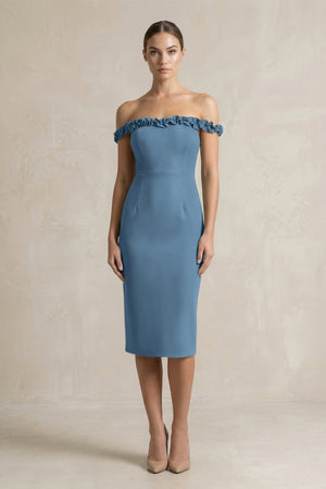 Off - the - Shoulder Sheath Ruffled Midi Bridesmaid Dress in Neptune - KISS BRIDAL Bridesmaid Dresses