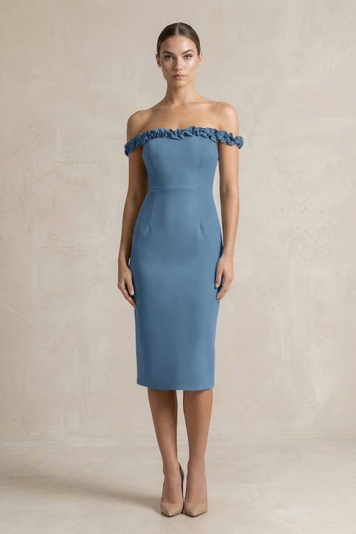 Off - the - Shoulder Sheath Ruffled Midi Bridesmaid Dress in Neptune - KISS BRIDAL Bridesmaid Dresses
