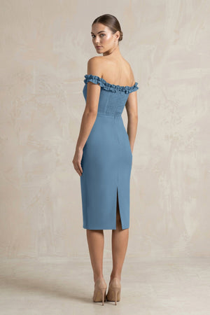 Off - the - Shoulder Sheath Ruffled Midi Bridesmaid Dress in Neptune - KISS BRIDAL Bridesmaid Dresses