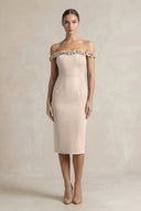 Off - the - Shoulder Sheath Ruffled Midi Bridesmaid Dress in Neutral Champagne - KISS BRIDAL Bridesmaid Dresses