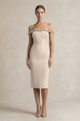 Off - the - Shoulder Sheath Ruffled Midi Bridesmaid Dress in Neutral Champagne - KISS BRIDAL Bridesmaid Dresses
