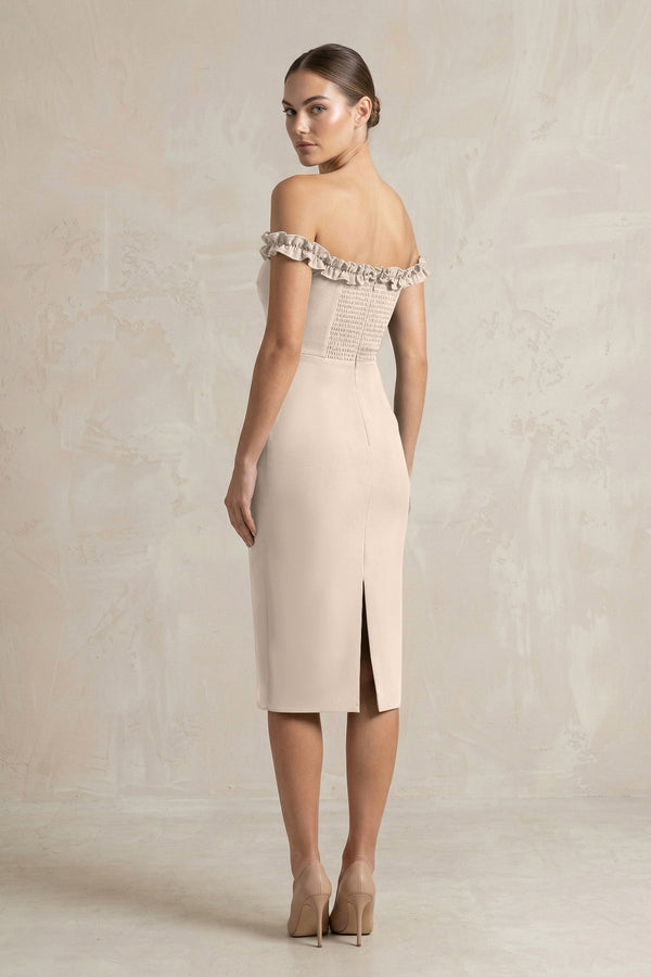 Off - the - Shoulder Sheath Ruffled Midi Bridesmaid Dress in Neutral Champagne - KISS BRIDAL Bridesmaid Dresses