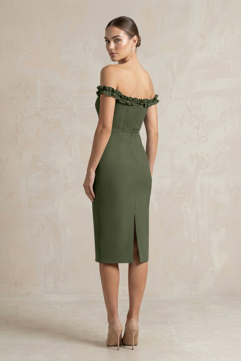 Off - the - Shoulder Sheath Ruffled Midi Bridesmaid Dress in Olive - KISS BRIDAL Bridesmaid Dresses