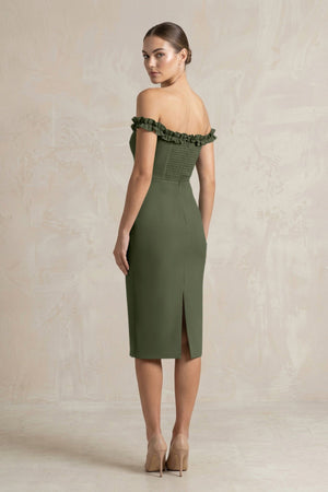 Off - the - Shoulder Sheath Ruffled Midi Bridesmaid Dress in Olive - KISS BRIDAL Bridesmaid Dresses